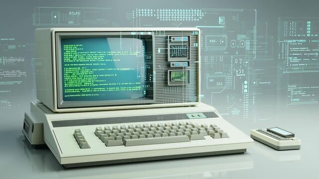 Vintage computer with retro design and digital code display for tech enthusiasts and vintage lovers