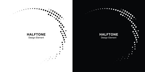 Halftone Circular Dot Pattern. Circle Frame using Halftone Dots Raster Texture. Polka Dots. Spiral logo Icon. Radial design element. Vector Illustration.
