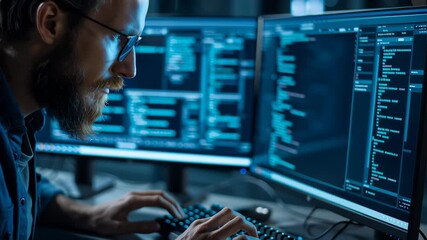 Focused young professional analyzing data in a modern workspace with technology and coding screens - Powered by Adobe