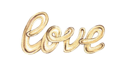 Watercolor lettering "Love." Gold lettering "Love" in the form of a balloon isolated on a white background. Festive Valentine's Day design and decoration.