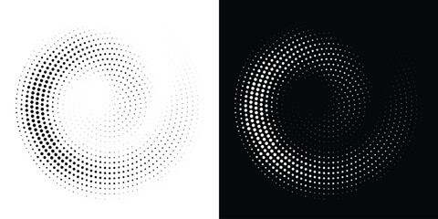 Fototapeta na wymiar Halftone Circular Dot Pattern. Circle Frame using Halftone Dots Raster Texture. Polka Dots. Spiral logo Icon. Radial design element. Vector Illustration.