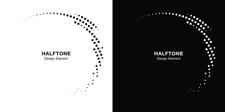 Halftone Circular Dot Pattern. Circle Frame using Halftone Dots Raster Texture. Polka Dots. Spiral logo Icon. Radial design element. Vector Illustration.