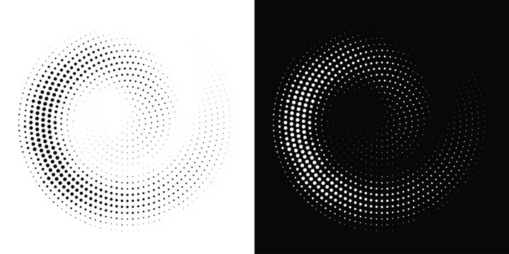 Halftone Circular Dot Pattern. Circle Frame using Halftone Dots Raster Texture. Polka Dots. Spiral logo Icon. Radial design element. Vector Illustration.