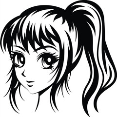 Black line drawing shows the stylized face of a smiling anime girl with a ponytail