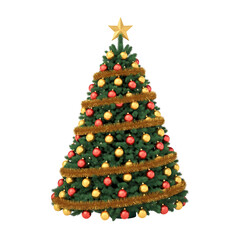 Decorated christmas tree with golden star, tinsel and red and gold ornaments isolated on transparent background