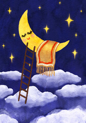 Cute crescent moon sleeping with blanket on clouds at night. Watercolor hand drawn illustration.