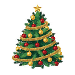 Decorated christmas tree with golden star, tinsel and red and gold ornaments isolated on transparent background