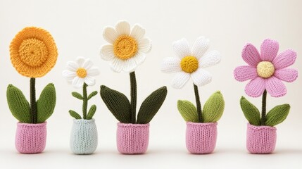 Obraz premium Colorful Knitted Flowers in Pots: A Playful Display of Handmade Craftsmanship Showcasing Creative Design, Textures, and Artistic Expression in Yarn Art