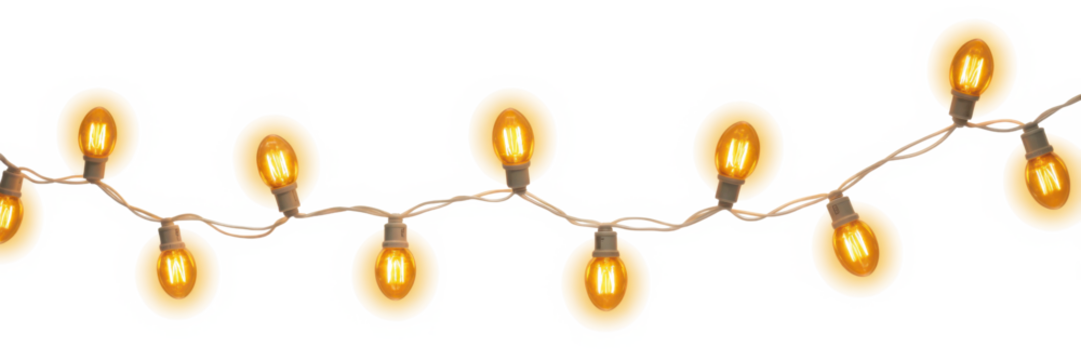 Peach christmas glowing garland. Christmas lights. Colorful Christmas garland. The light bulbs on the wires are insulated. PNG.
