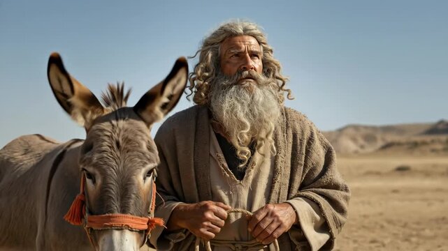 Old testament prophet and donkey in ancient israel desert holding rope, biblical scene footage