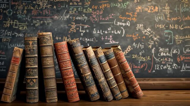 Old Books on Wooden Table with Blackboard Background Math Equations Chalk Writing