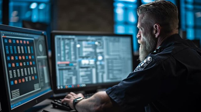 Focused police officer working at a computer in a control room, showcasing dedication to safety