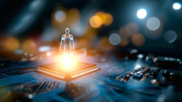 Faceless digital entity emerging from the blurred center of a radiant motherboard, glowing circuits fading into bokeh light, with copy space.