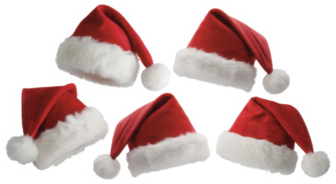 Set of red furry christmas xmas santa claus hat on transparent background cutout, PNG file. Mockup template for artwork graphic design
 - Powered by Adobe