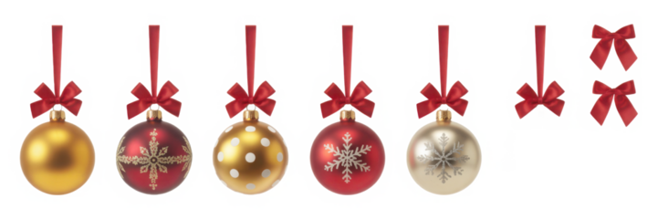 A collection of red, gold and clear Christmas baubles hanging from red ribbon and bow with snowflake glitter patterns on them isolated against a transparent background