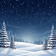 Magical winter landscape with snow covered pine trees under a starry night sky