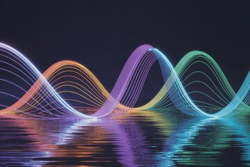 Colorful light waves reflecting on water surface at night create a mesmerizing visual effect