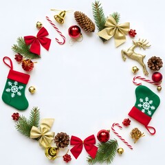 Festive christmas wreath frame with ornaments baubles bows and pine cones on white background