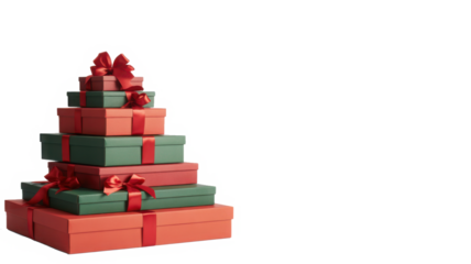 Different green and red christmas gift boxes stacked isolated on white background, PNG
