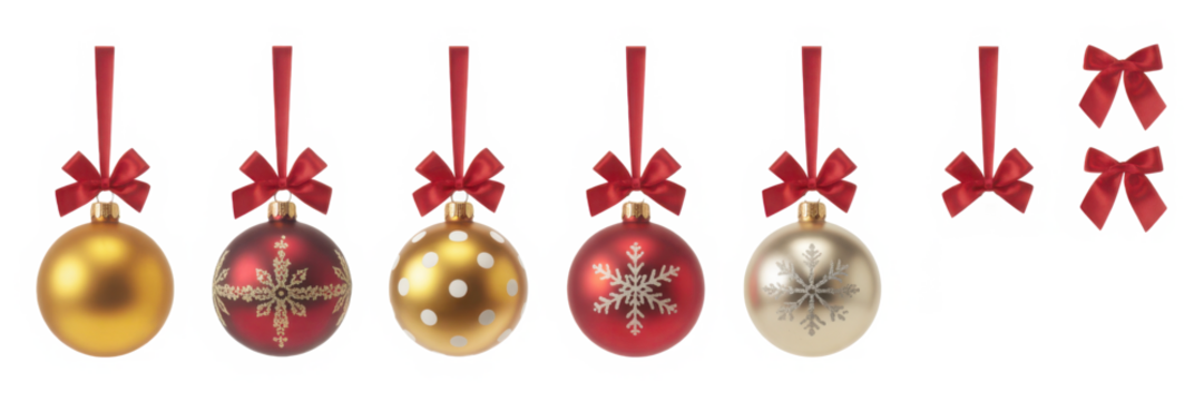 A collection of red, gold and clear Christmas baubles hanging from red ribbon and bow with snowflake glitter patterns on them isolated against a transparent background