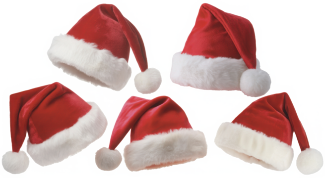 Set of red furry christmas xmas santa claus hat on transparent background cutout, PNG file. Mockup template for artwork graphic design
