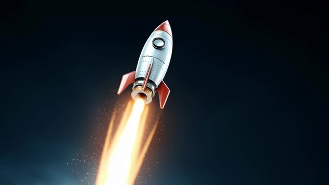 Futuristic rocket launching into the sky with clouds and dramatic lighting effects