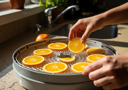 Hand arranging orange slices on food dehydrator tray