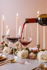 Elegant red wine pours into glass center stage at romantic dinner setting