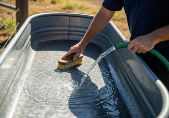 Man cleaning metal water trough with brush