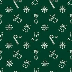 Festive christmas seamless pattern with hand drawn holiday icons on a dark green background