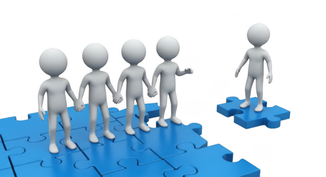 Teamwork concept with figures on puzzle pieces isolated on transparent background