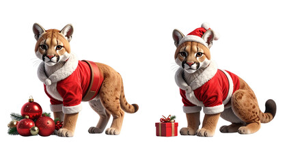 Cute Christmas puma pair in Santa suit isolated on transparent background