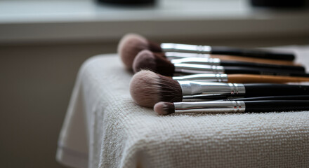 Close-up of professional makeup brush set on soft towel. Cosmetic tools for beauty routine with selective focus on bristles