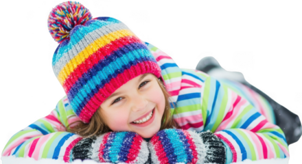 Happy child in colorful winter clothing isolated on transparent background