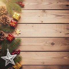 Rustic wooden background decorated with christmas ornaments pine cones and fir branches