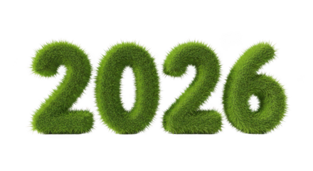 The year 2026 made of green grass isolated on transparent background