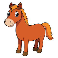 Cartoon brown horse stands peacefully on a white background with a cute smile