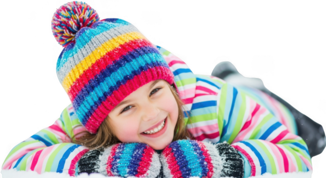 Happy child in colorful winter clothing isolated on transparent background