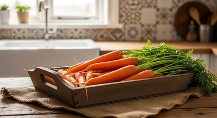 Freshly Harvested Carrots Displayed Elegantly in a Rustic Wooden Tray