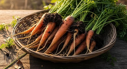 Freshly Harvested Carrots Displayed in a Wicker Basket on a Rustic Wooden Surface