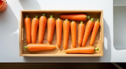 Freshly Harvested Carrots Displayed Neatly in Wooden Tray, Bright Natural Lighting