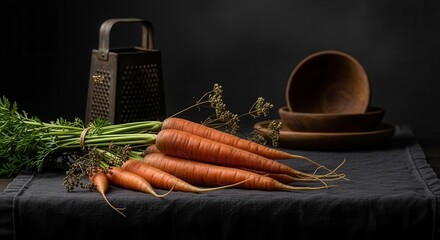Freshly Harvested Carrots Composition with Vintage Grater and Wooden Bowls.