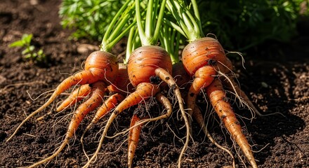 Freshly Harvested Carrots Displayed in Fertile Soil with Green Tops and Delicate Roots