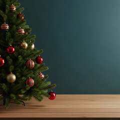 Festive christmas tree decorated with ornaments on a wooden table against a teal wall