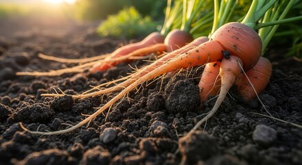 Freshly Harvested Carrots Emerging From Dark Soil, Showcasing Natural Beauty