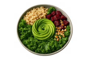 Healthy vegan buddha bowl with kale, quinoa, avocado rose, beetroot, and nuts, offering a balanced and nutritious meal