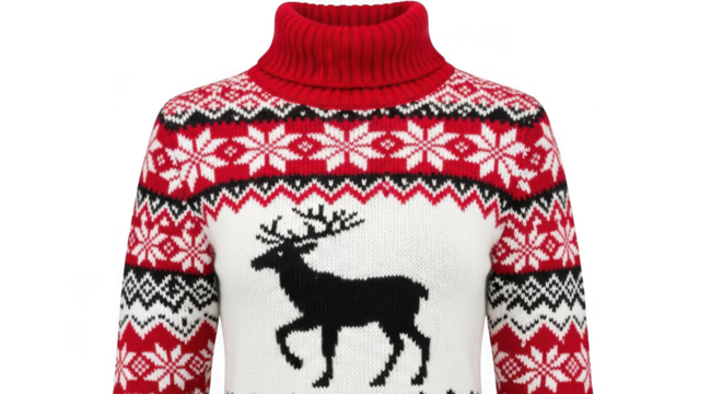 Ugly christmas sweater with reindeer and snowflakes, isolated on transparent background - Powered by Adobe