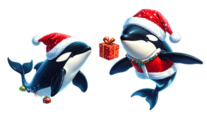 Cute Christmas orca pair in Santa suit isolated on transparent background