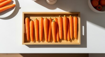 Freshly Harvested Carrots on a Wooden Tray with Orange Colors on a White Table