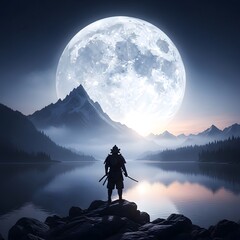 Lone samurai warrior standing on rocky outcrop under a giant full moon over serene mountain lake